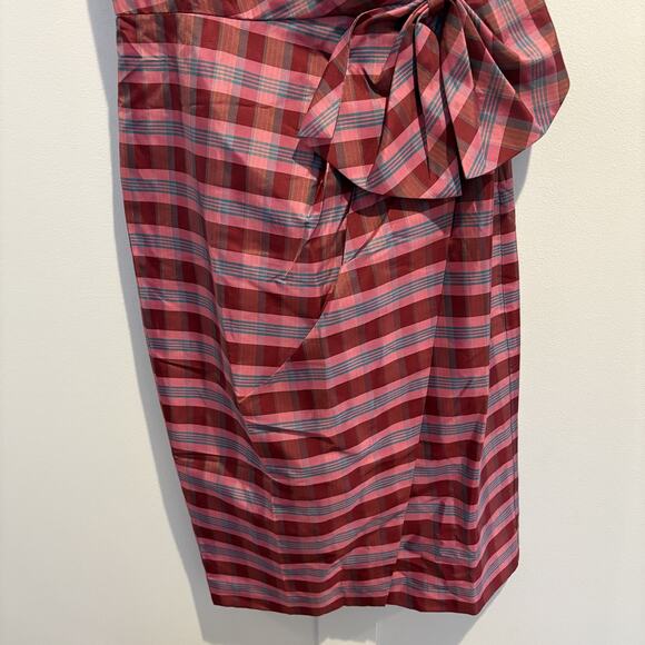 NWT J Crew Dress Womens 2 Pink Red Plaid One Shoulder Bow Silk Blend Cocktail - Picture 4 of 14